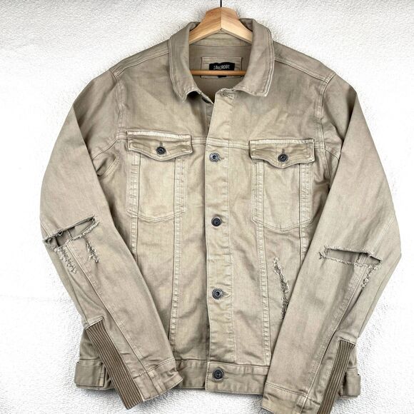 Zanerobe Denim Jacket Mens M Tan Beige Distressed Button Front Zip Pockets NWOT - Picture 1 of 12